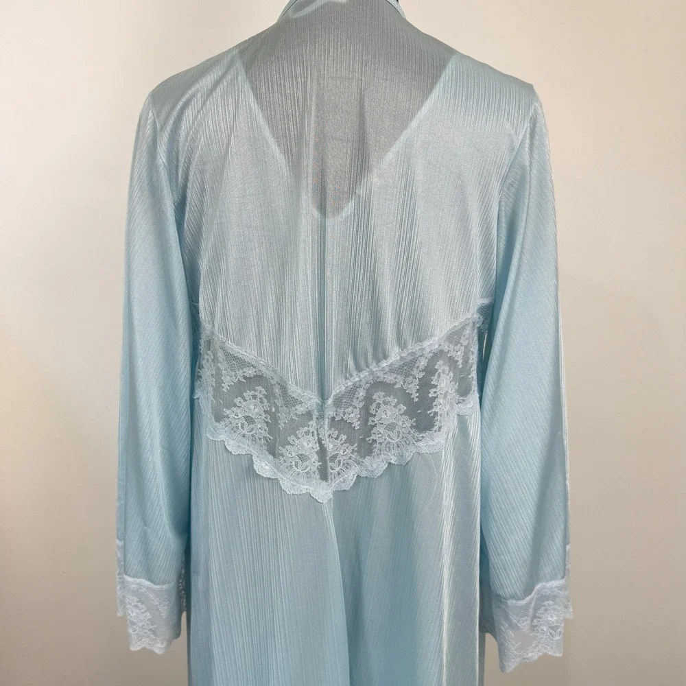 Vintage Nylon Peignoir Set Nightgown Robe Womens Medium Blue Lace Trim Ethereal